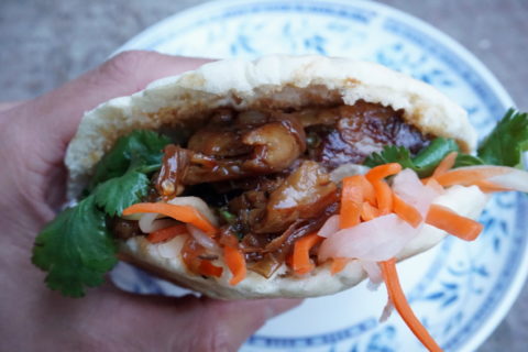 Vegan pita broodje met vegan kip in komijn en soja saus,bahn mi en koriander